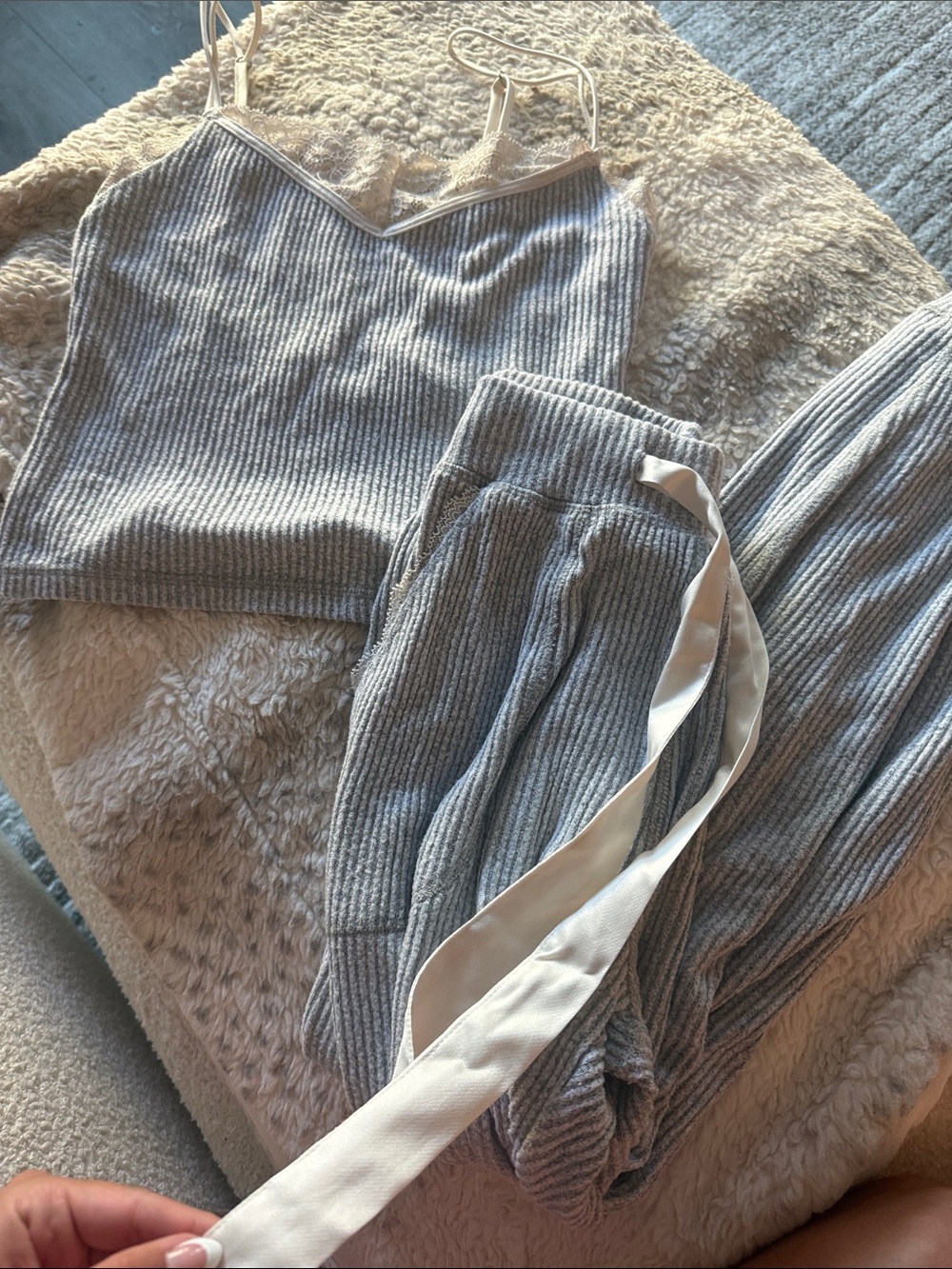 Abercrombie & Fitch Ribbed Lounge Cami and Pant Set - Light Gray with Cream Trim
